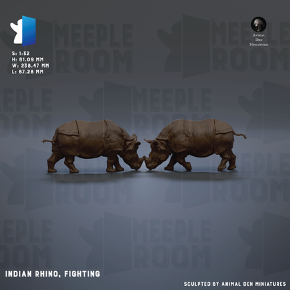 two brown rhinoceroses facing each other, with the text "INDIAN RHINO, FIGHTING" and "S.1:32 H:1.08 MM W:233.7 MM L:87.28 MM" visible.