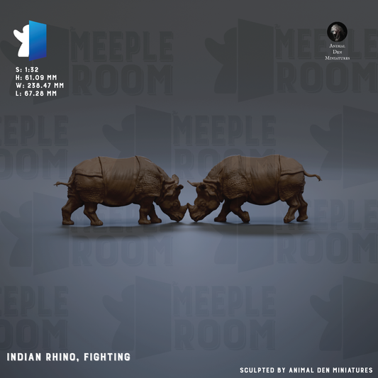 two brown rhinoceroses facing each other, with the text "INDIAN RHINO, FIGHTING" and "S.1:32 H:1.08 MM W:233.7 MM L:87.28 MM" visible.