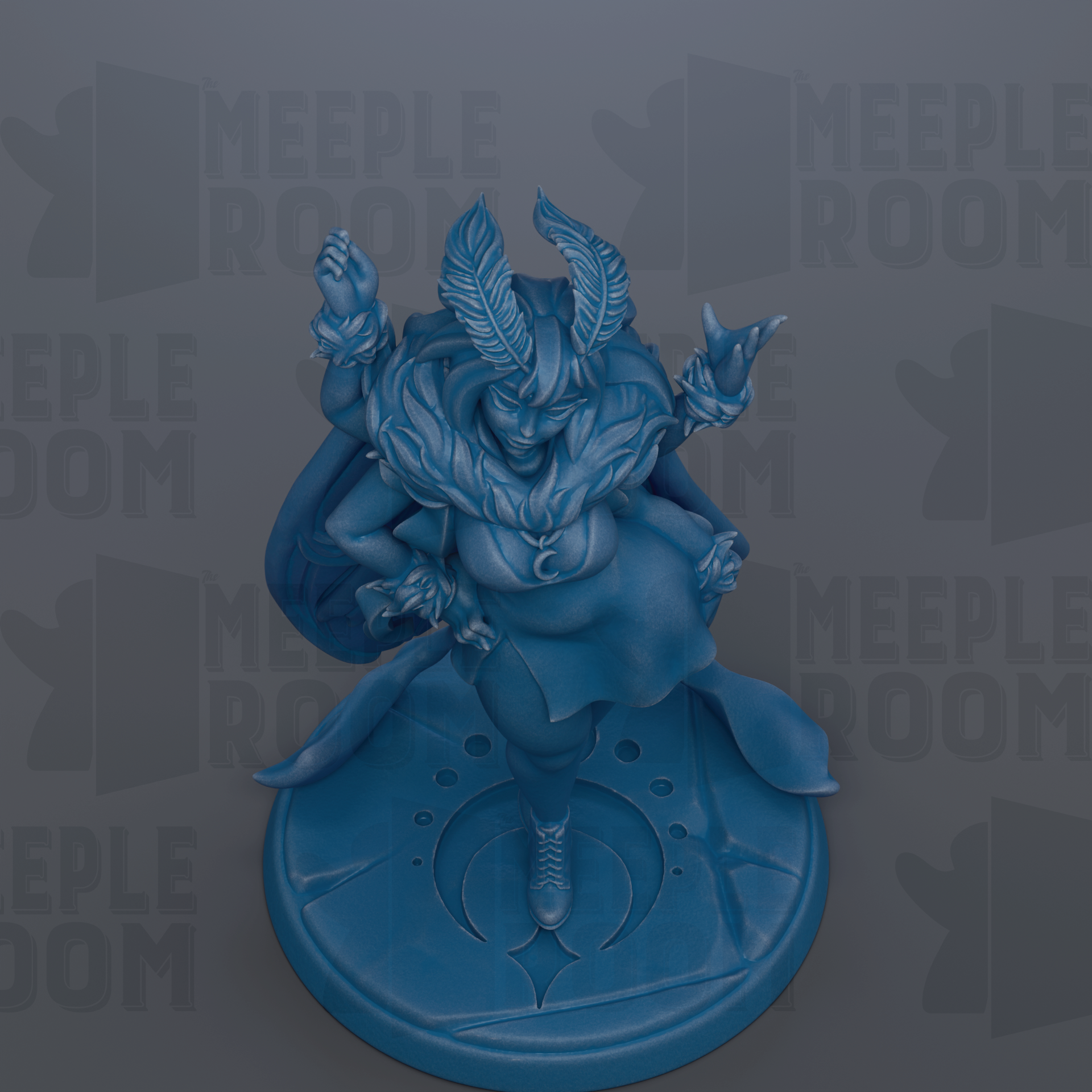 A blue figurine of a fantastical creature with wings and a flowing robe, standing on a circular base.