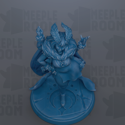 A blue figurine of a fantastical creature with wings and a flowing robe, standing on a circular base.