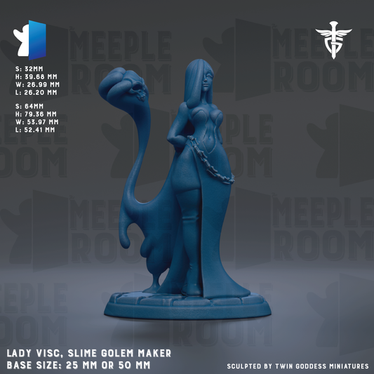 The image is a 3D rendering of a figurine of a woman with a long, flowing dress and a skull-like design on her back. The figurine is made of a blue material and is standing on a base. The image is described as a "Lady Visc, Slime Golem Maker" and is labeled as a "Base Size: 25mm or 50mm". The image is a part of a larger collection of images, and it is described as a "collage of multiple images" and "sculpted by Twin Goddesses miniatures".