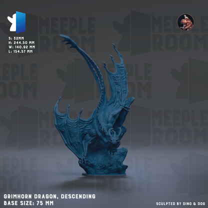 a detailed blue sculpture of a winged dragon-like creature, possibly a grinth horn dragon, with a textured and intricate design. The sculpture is described as a "grinth horn dragon, descending" and is "base size: 7.5 mm". The background of the image is a dark gray color with the text "MEIPLE ROOM" repeated multiple times, suggesting that the image is part of a larger collection or series.
