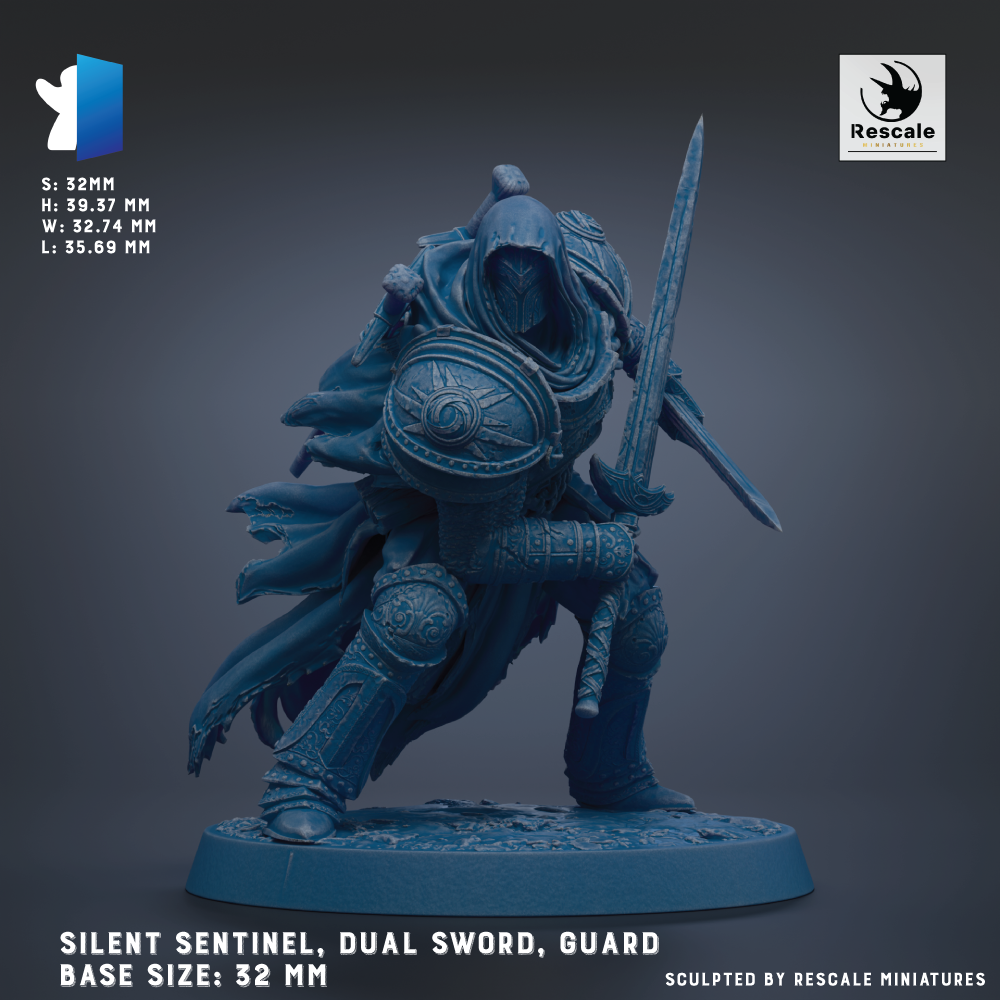 A 3D model of a knight in armor, holding a sword and shield, with the text "Silent Sentinel, Dual Sword, Guard" and "Base Sizes: 32 mm" indicating the base sizes and dimensions of the figurine.