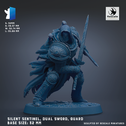 A 3D model of a knight in armor, holding a sword and shield, with the text "Silent Sentinel, Dual Sword, Guard" and "Base Sizes: 32 mm" indicating the base sizes and dimensions of the figurine.
