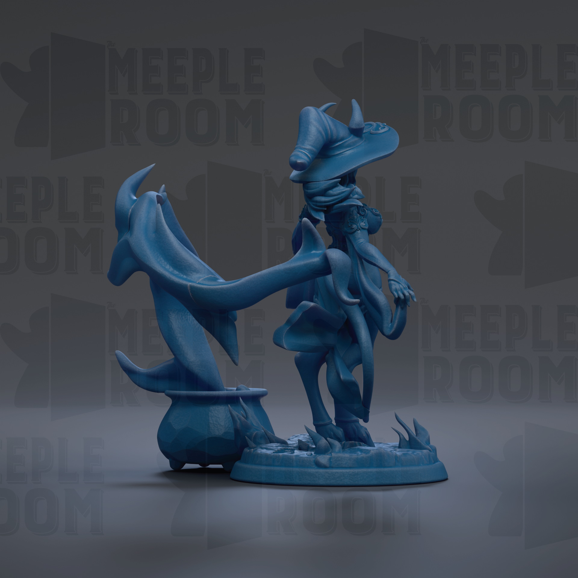 A blue, fantastical creature with horns and a flowing robe stands on a pedestal against a dark background with repeated "MEUPLE ROOM" text.
