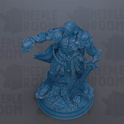 A detailed 3D rendering of a warrior figure, likely a knight or knightly figure, standing on a pedestal and holding a sword. The figure is depicted in a dynamic pose, with a sword in hand and a shield. The background features the text "MEIPLE ROOM" repeated multiple times, suggesting the image may be part of a larger collection or series.