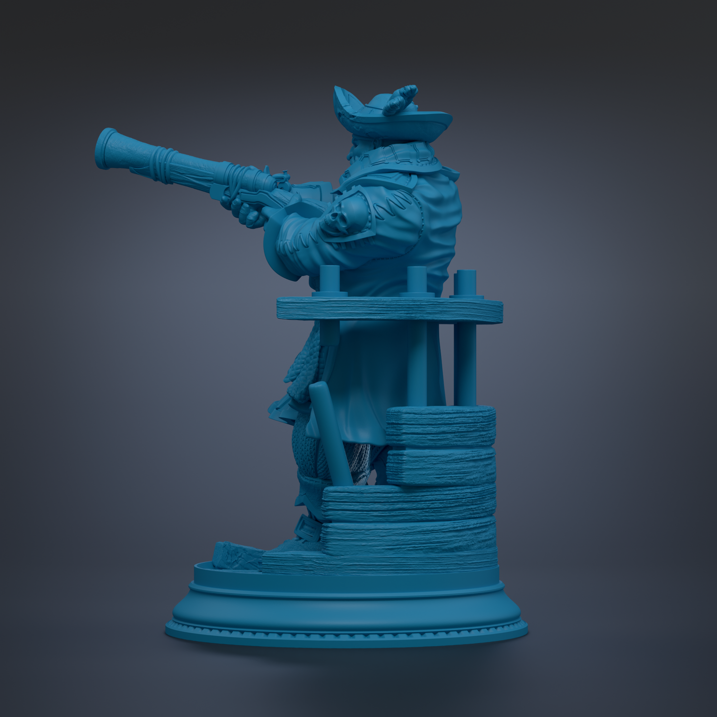 A blue statue of a person holding a gun and standing on a platform.
