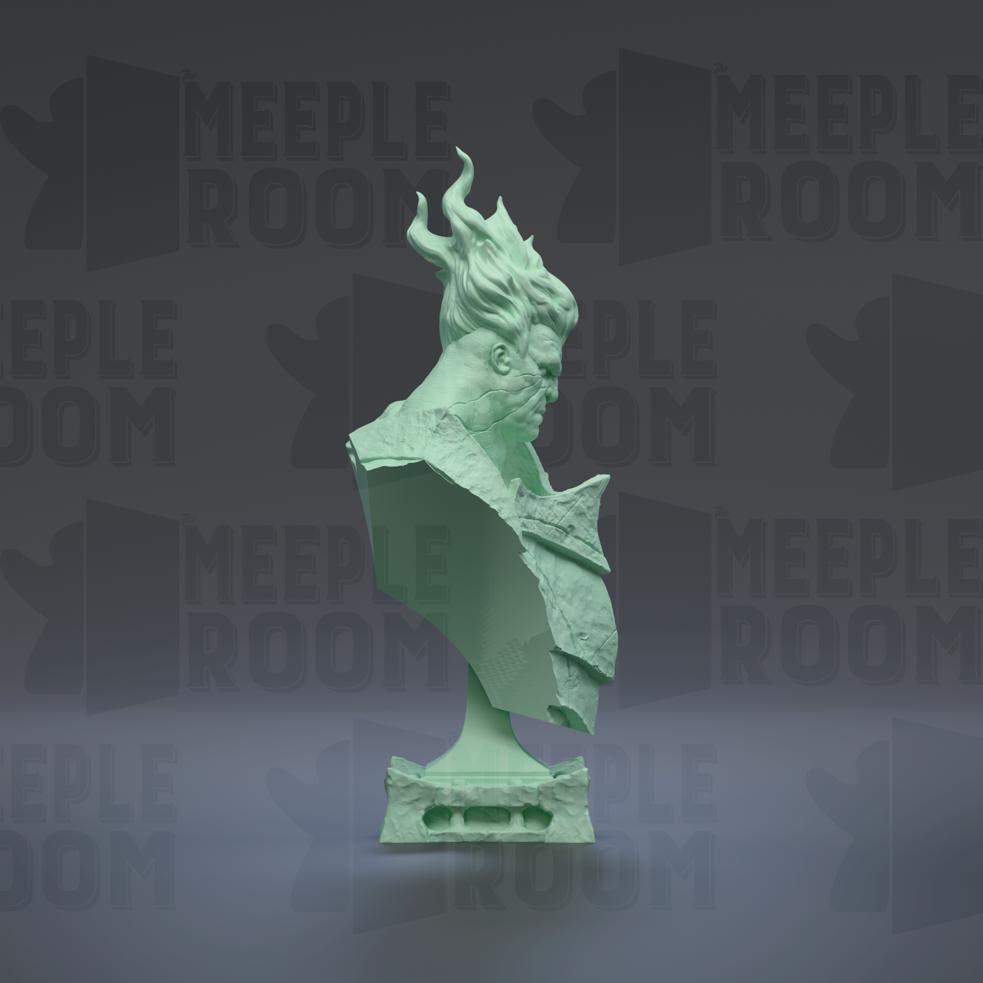 A green bust sculpture with flowing hair and a textured surface, set against a dark background with repeated text.