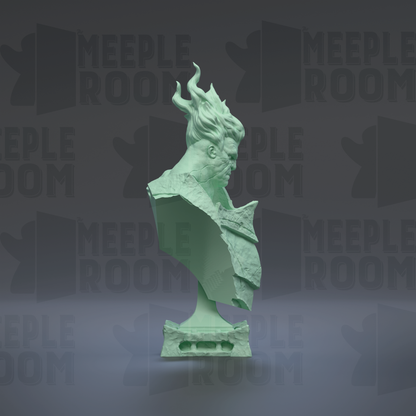 A green bust sculpture with flowing hair and a textured surface, set against a dark background with repeated text.