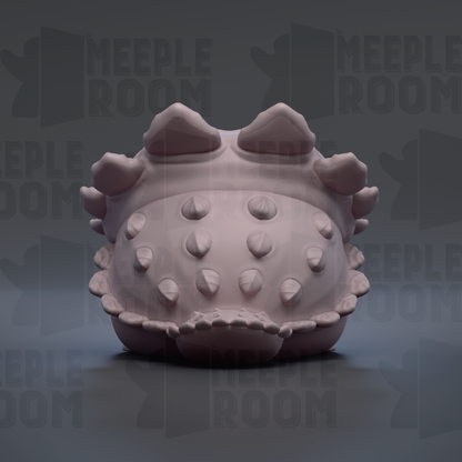 A 3D rendering of a light pink, spiky object with a textured surface, resembling a small, round, and bumpy shape.