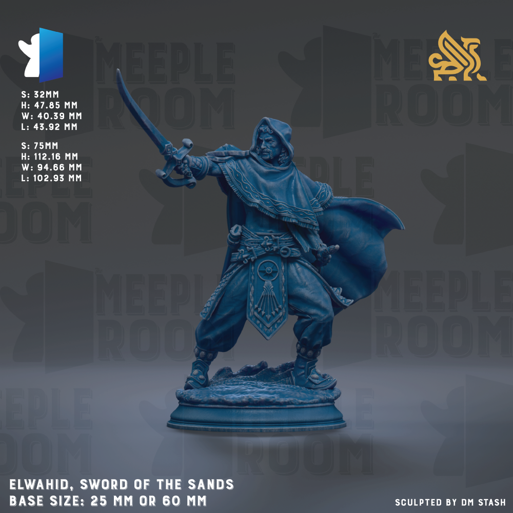 A blue figurine of a warrior figure, wearing a cape and holding a sword, standing on a pedestal. The figurine appears to be made of metal and is depicted in a dynamic pose.