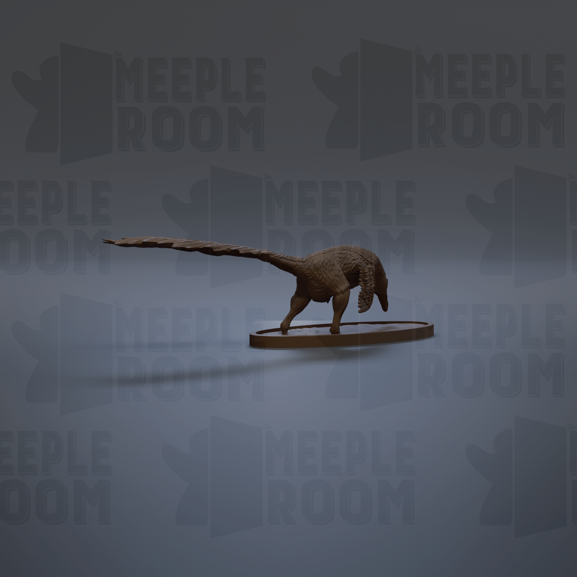 A 3D rendering of a dinosaur-like creature with a long tail, standing on a circular platform against a dark background with repeated "MEIPLE ROOM" text.