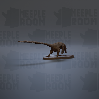 A 3D rendering of a dinosaur-like creature with a long tail, standing on a circular platform against a dark background with repeated "MEIPLE ROOM" text.