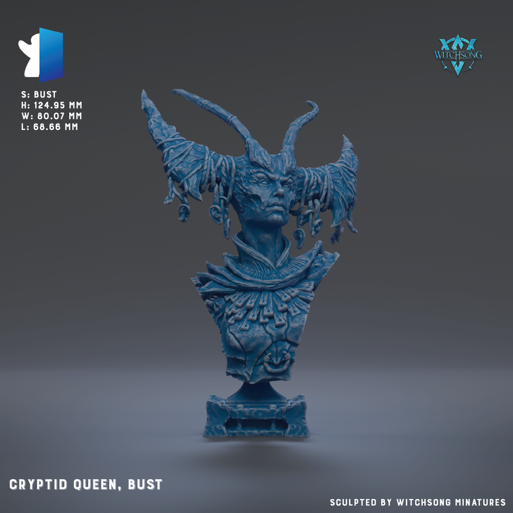 The image is a bust sculpture of a woman with horns, featuring intricate details and a blue color scheme.