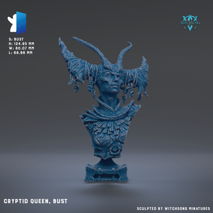 The image is a bust sculpture of a woman with horns, featuring intricate details and a blue color scheme.