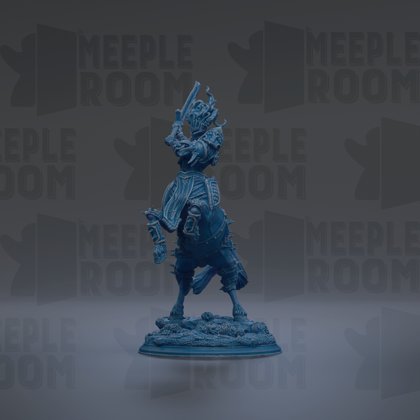 A blue figurine of a knight on horseback, standing on a base, against a dark background with repeated text.