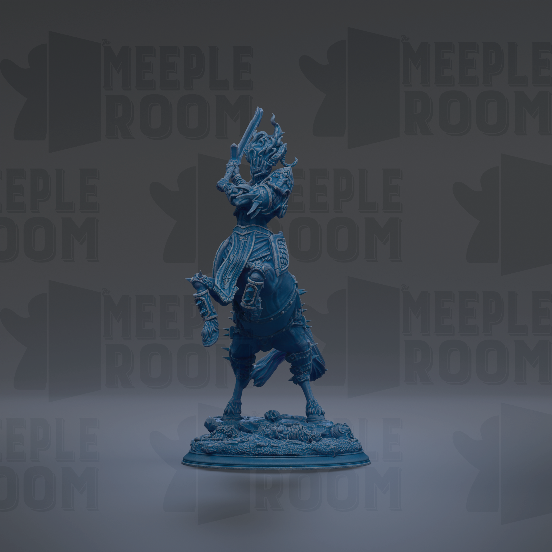 A blue figurine of a knight on horseback, standing on a base, against a dark background with repeated text.