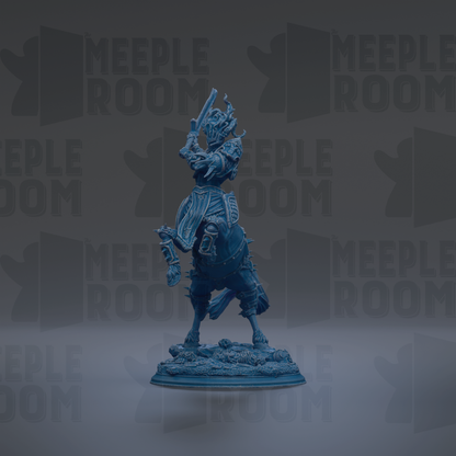 A blue figurine of a knight on horseback, standing on a base, against a dark background with repeated text.