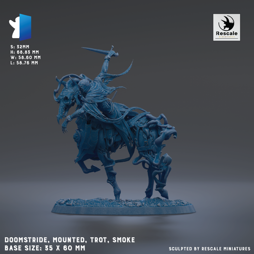 a blue, fantastical creature mounted on a horse, with a sword in its hand. The creature appears to be a combination of a dragon and a knight, with intricate details and a dynamic pose. The base size of the statue is 35 x 60 mm.