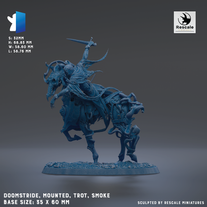 a blue, fantastical creature mounted on a horse, with a sword in its hand. The creature appears to be a combination of a dragon and a knight, with intricate details and a dynamic pose. The base size of the statue is 35 x 60 mm.
