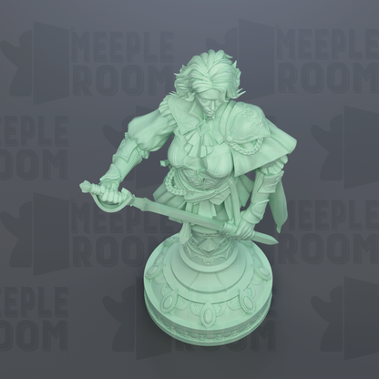 A green statue of a woman holding a sword, standing on a pedestal with decorative elements.