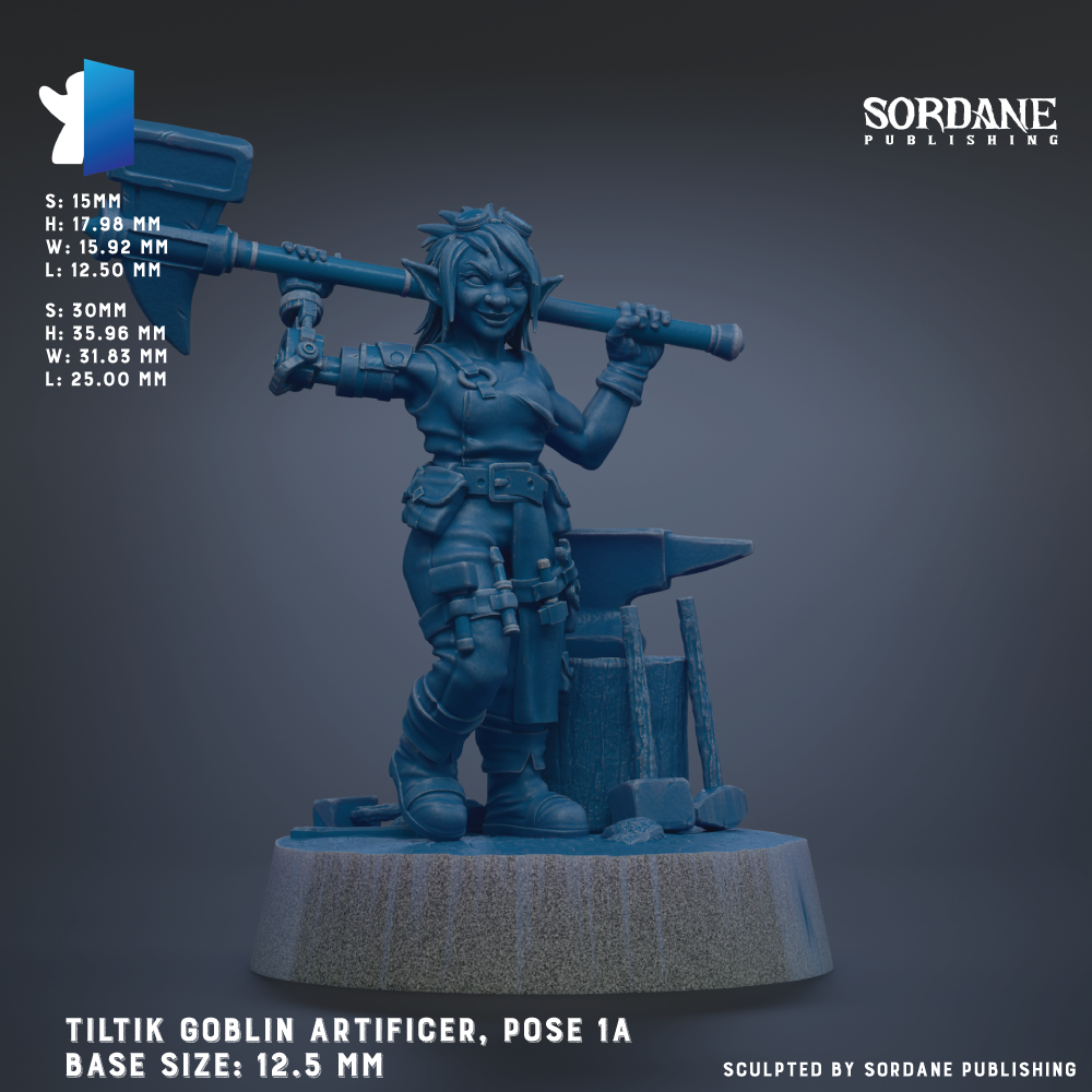 The image is a 3D rendering of a figurine of a female character, likely a troll or magical being, holding a large hammer or tool. The figurine is standing on a platform and appears to be the main focus of the image. The image does not contain any text, and the focus is on the detailed depiction of the character and the tools they are holding.