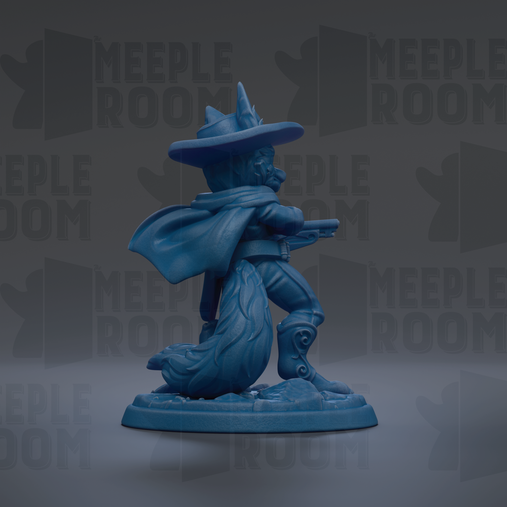 A blue figurine of a character with a pointed hat and a flowing cape, standing on a base and holding a weapon.
