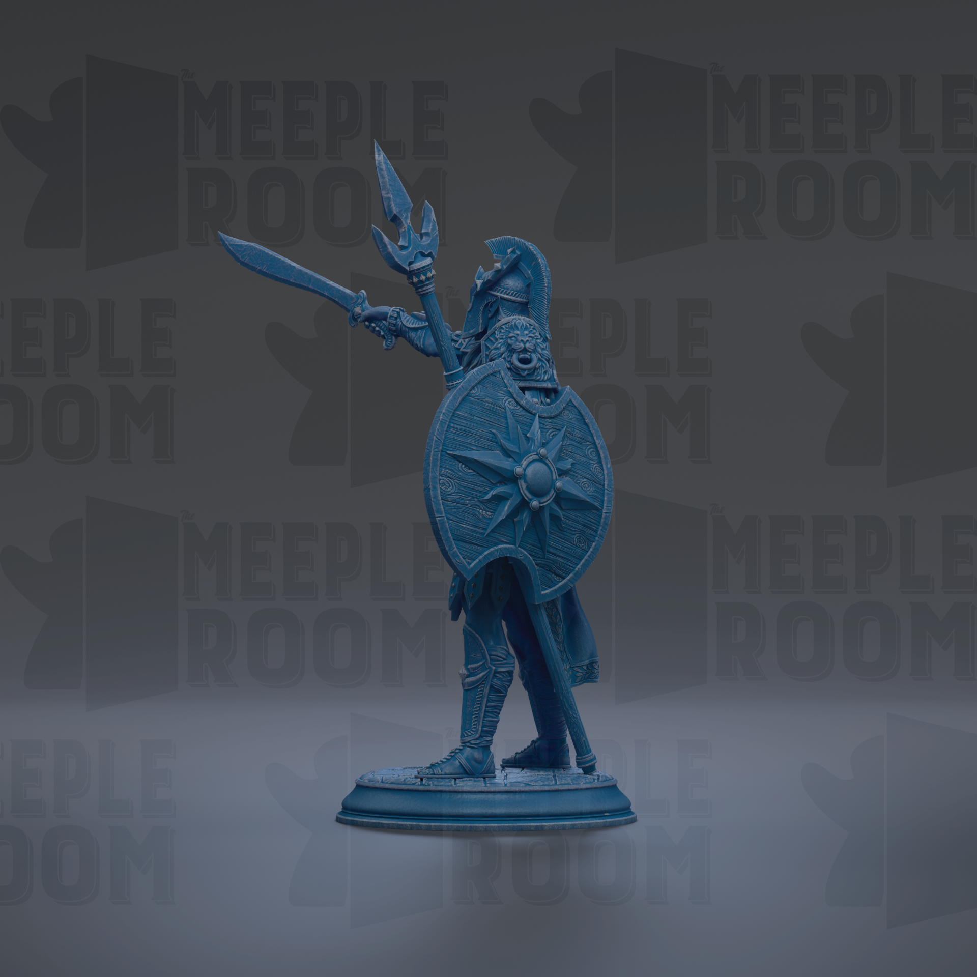 A blue figurine of a warrior standing on a pedestal, holding a shield and sword, against a dark background with repeated text.