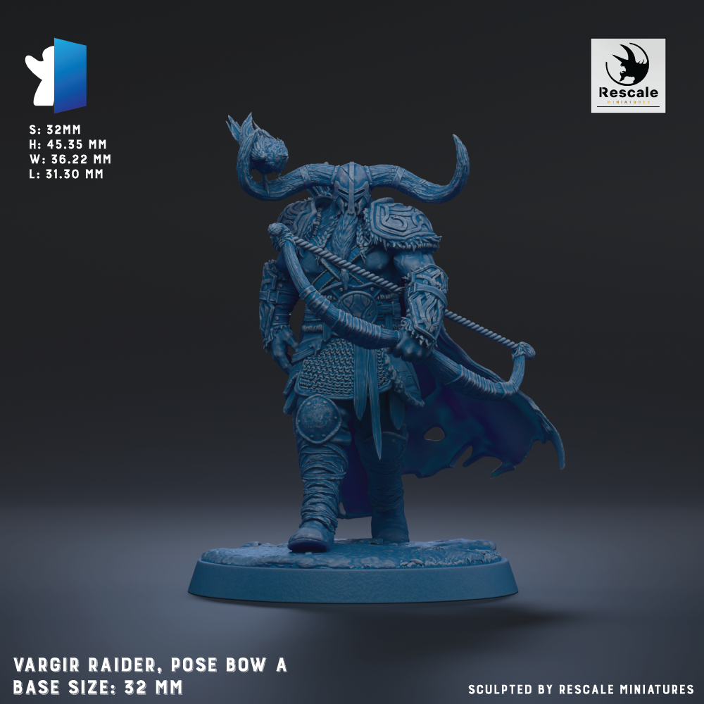 A figurine of a warrior figure, specifically a Vargir RAIDER, posed with a bow and a dragon head. The figurine is shown in a dynamic pose, with the warrior holding the bow and the dragon head on his back. The base size of the figurine is 32mm.