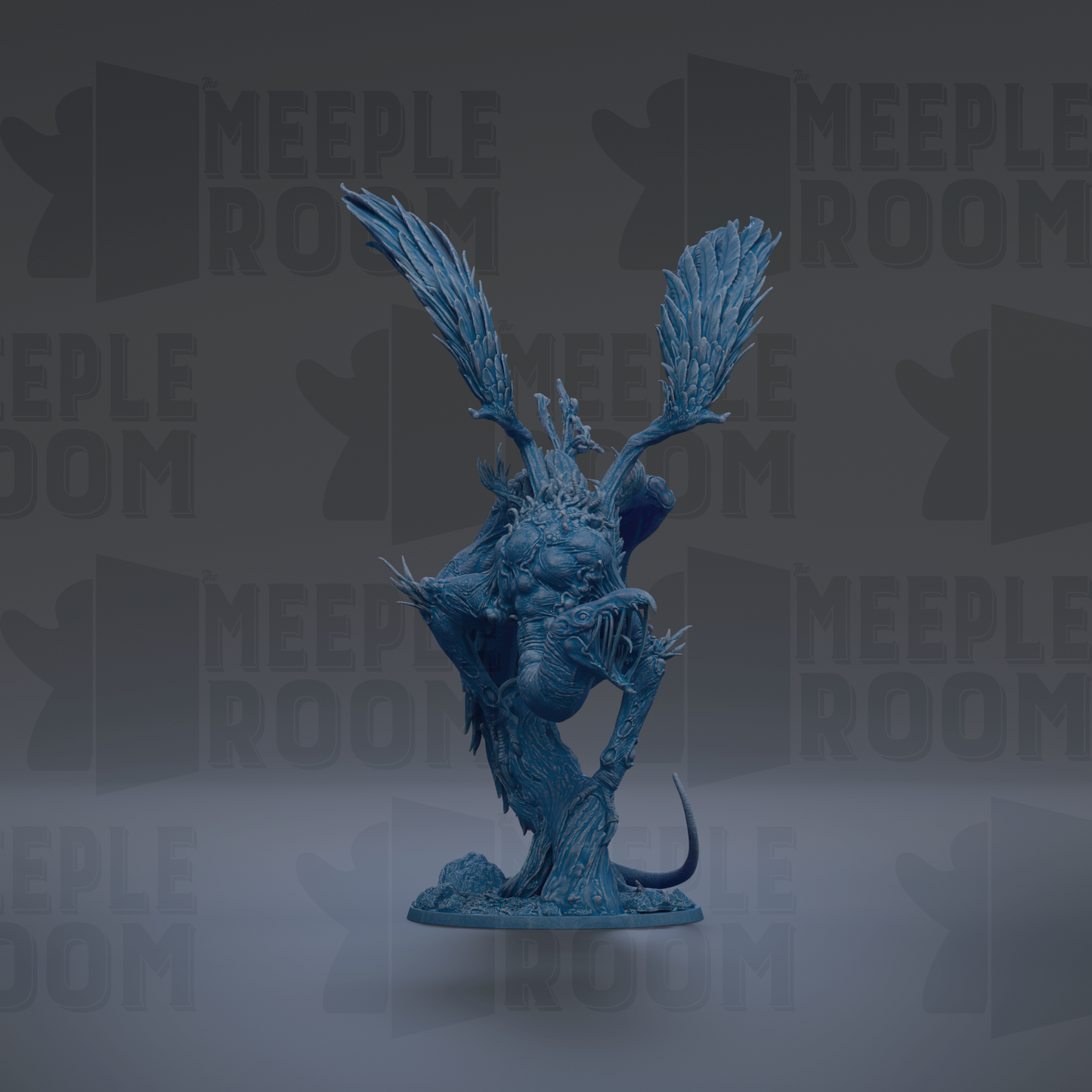 A blue, winged creature with sharp teeth and claws is prominently featured in the center of the image against a dark background.