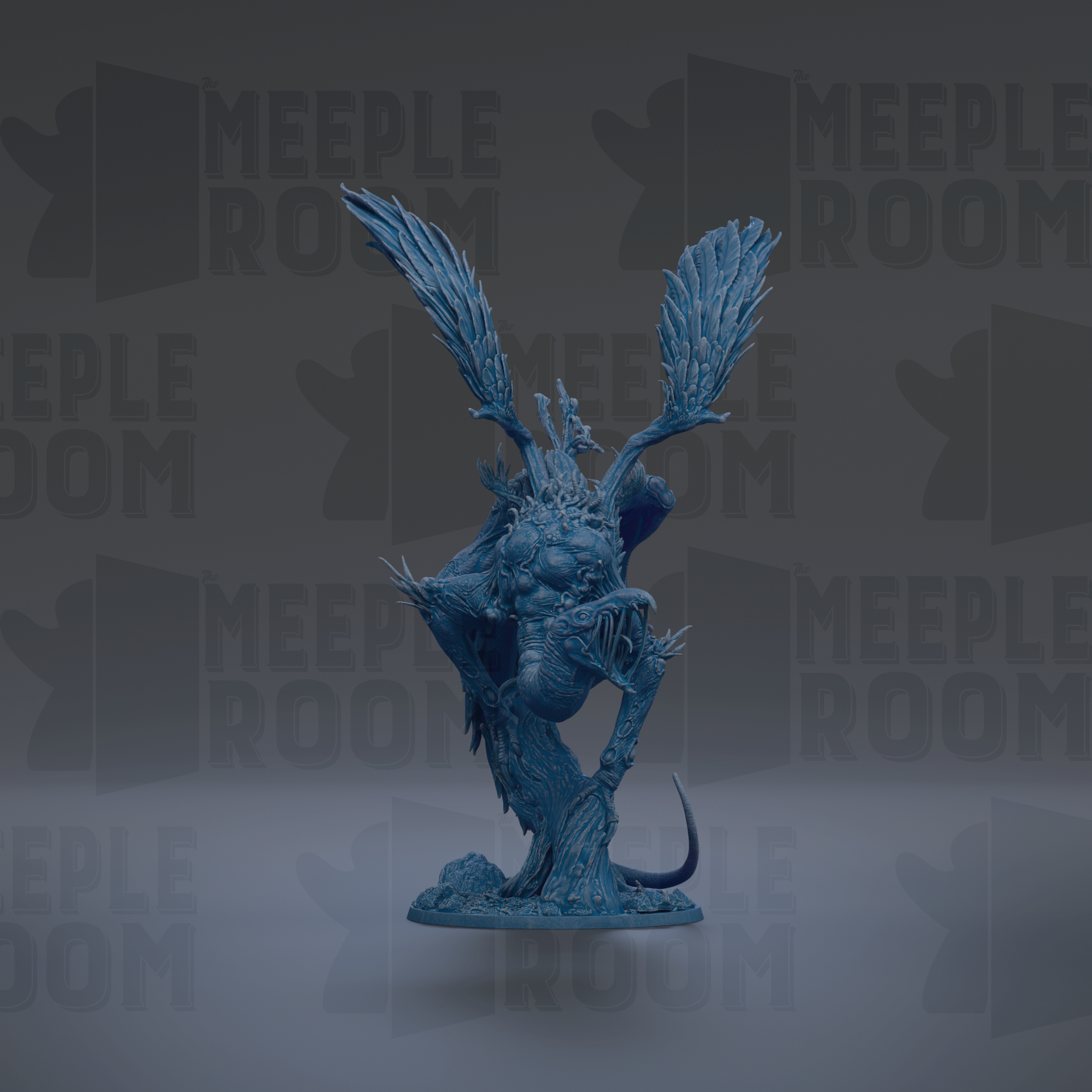 A blue, winged creature with sharp teeth and claws is prominently featured in the center of the image against a dark background.