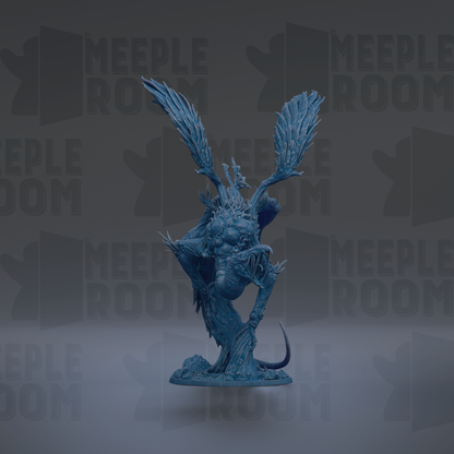 A blue, winged creature with sharp teeth and claws is prominently featured in the center of the image against a dark background.