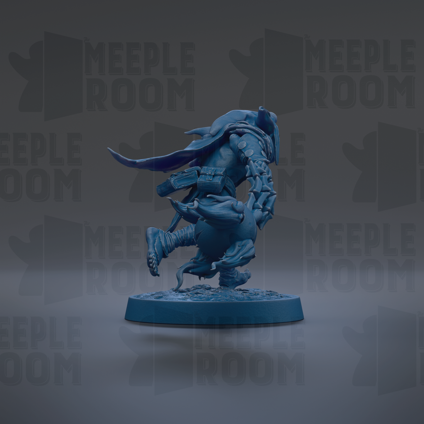 A blue figurine of a fantastical creature with a large head and long tail, standing on a blue base against a dark background with repeated text.