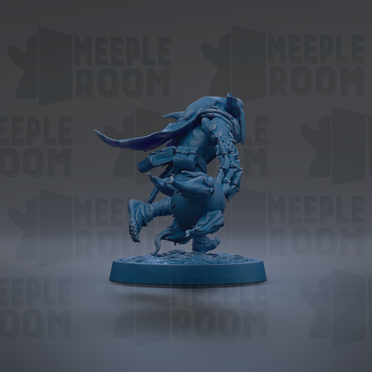 A blue figurine of a fantastical creature with a large head and long tail, standing on a blue base against a dark background with repeated text.