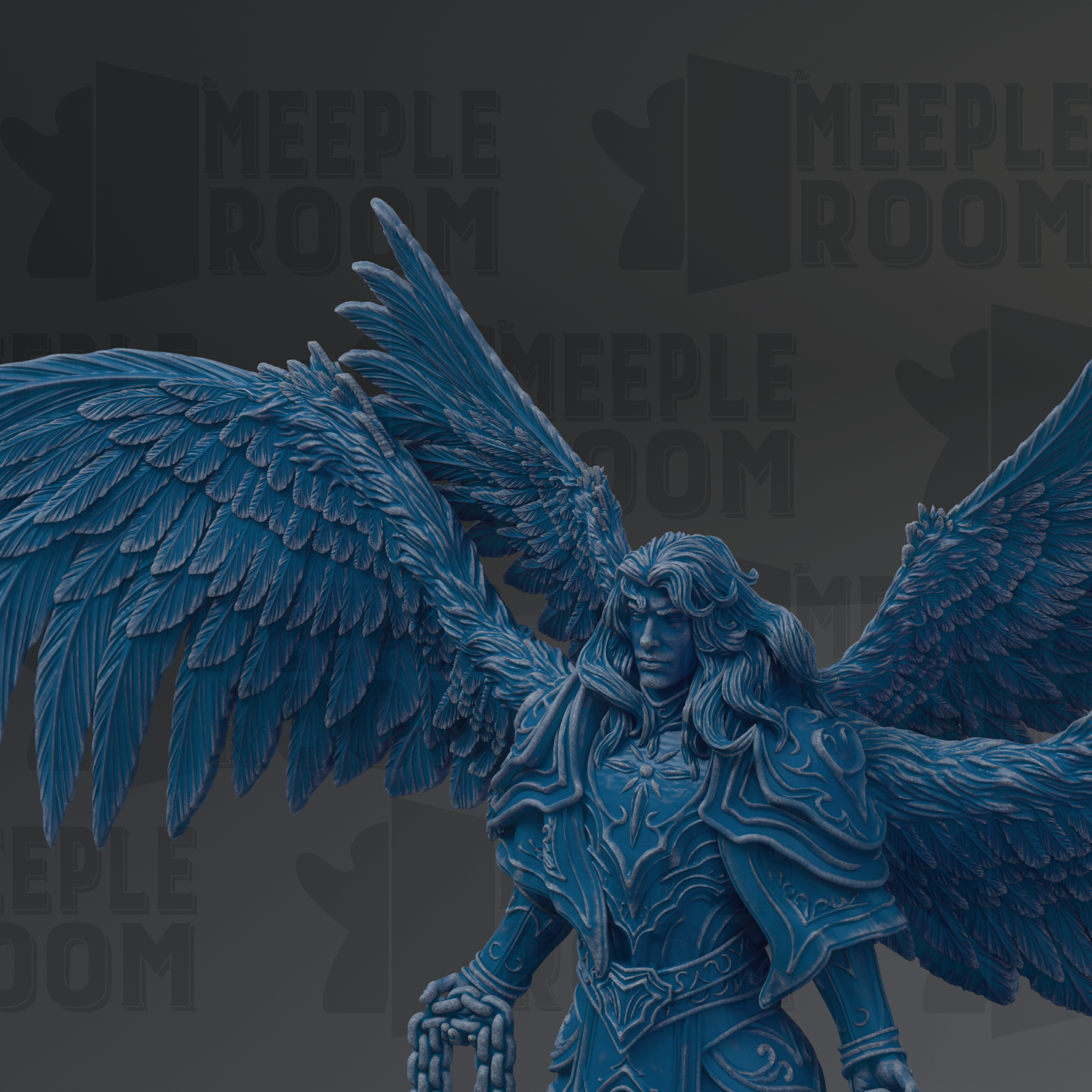 A detailed 3D rendering of a winged figure with intricate details, including feathers and armor, set against a dark background with repeated text.