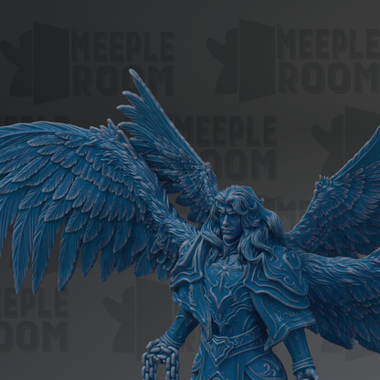 A detailed 3D rendering of a winged figure with intricate details, including feathers and armor, set against a dark background with repeated text.
