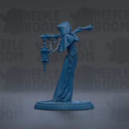 A blue statue of a figure holding a lantern and a sword, standing on a base.