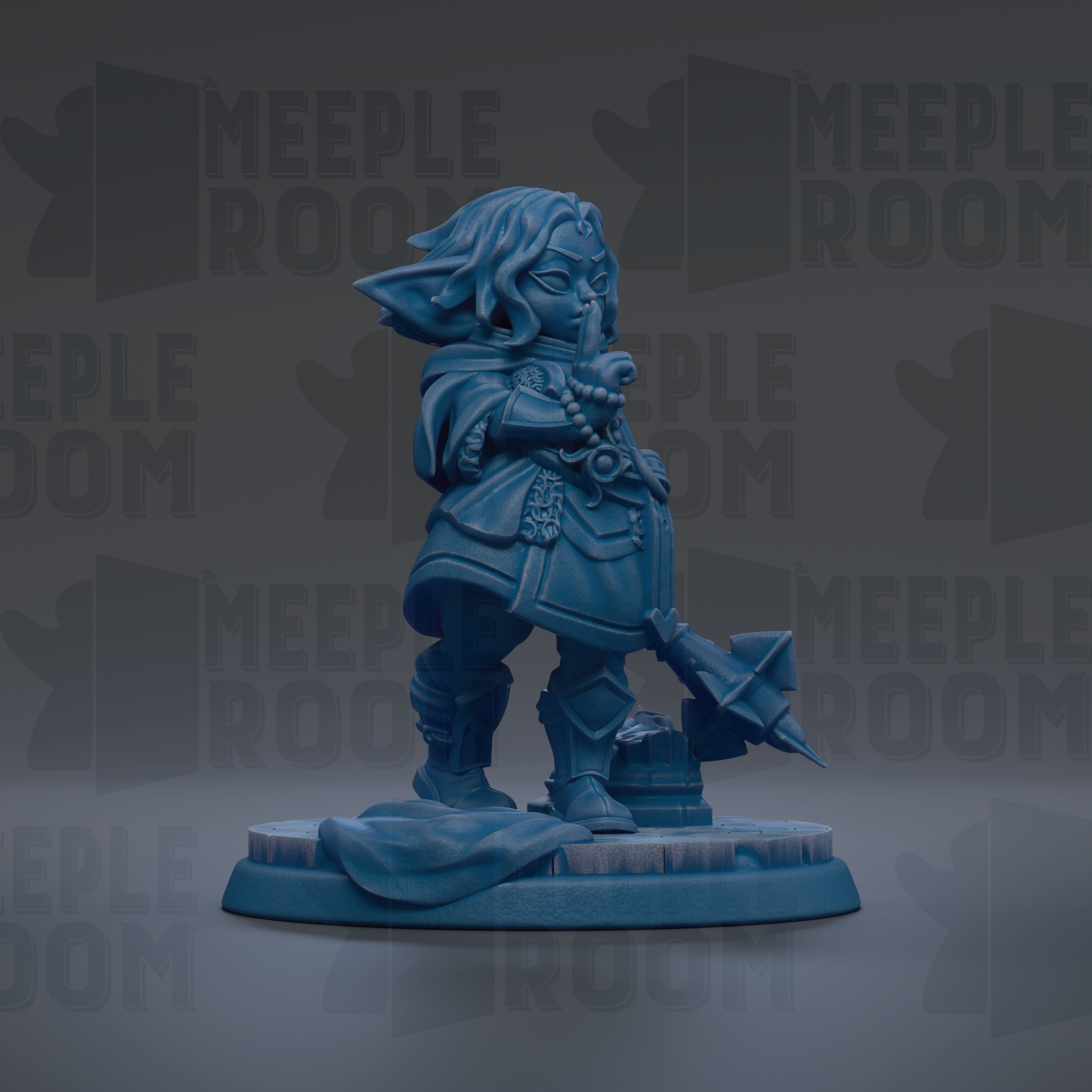 A blue figurine of a person standing on a platform, holding a weapon and wearing a cape-like garment.
