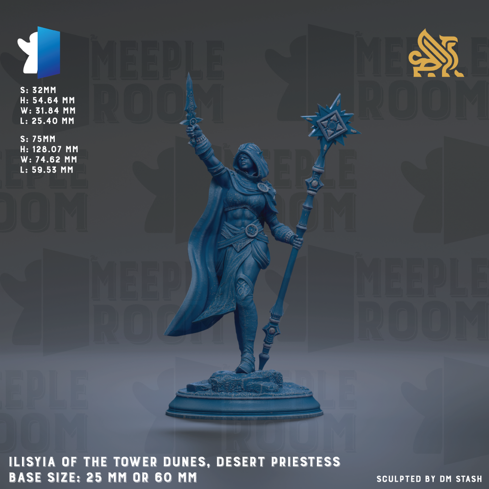 a blue figurine of a desert priestess standing on a pedestal, holding a staff and a shield. The figurine is described as "Iliasia of the Tower Dunes, Desert Priestess" and has a base size of either 25mm or 60mm. The image is a collage of multiple images, and the phrase "The image depicts" is not used.