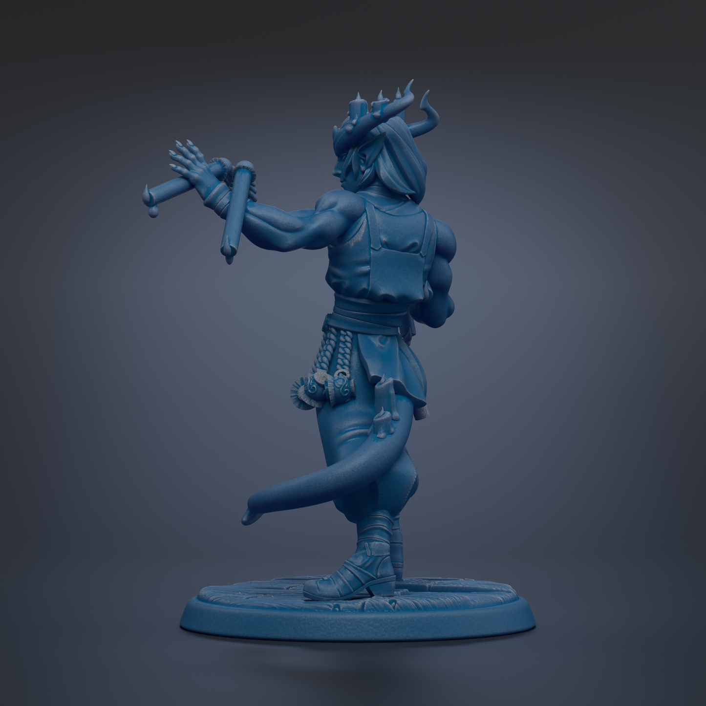 A blue, 3D-rendered statue of a muscular, armored figure with a crown-like headdress, holding a weapon and standing on a base.