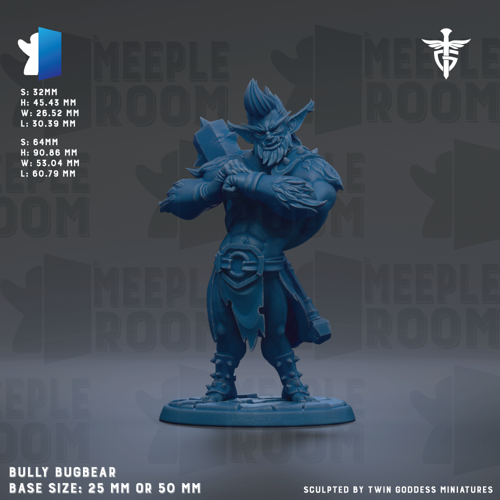 a detailed 3D model of a blue monster character, specifically a Bully Bugbear, with a base size of 25mm or 50mm.