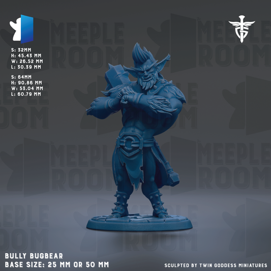 a detailed 3D model of a blue monster character, specifically a Bully Bugbear, with a base size of 25mm or 50mm.