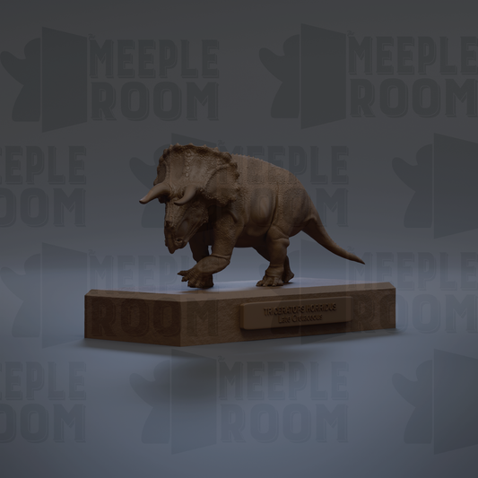 A 3D rendering of a Triceratops statue on a pedestal, with the text "MEUPLE ROOM" repeated in the background.