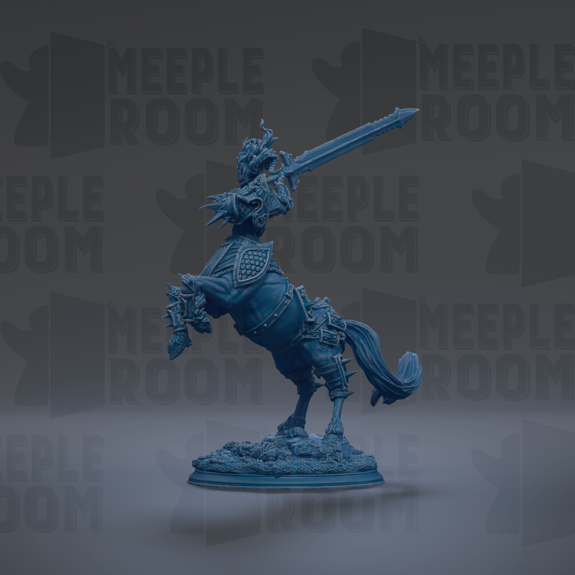 A blue armored knight on a horse, holding a sword, is the central focus of the image.