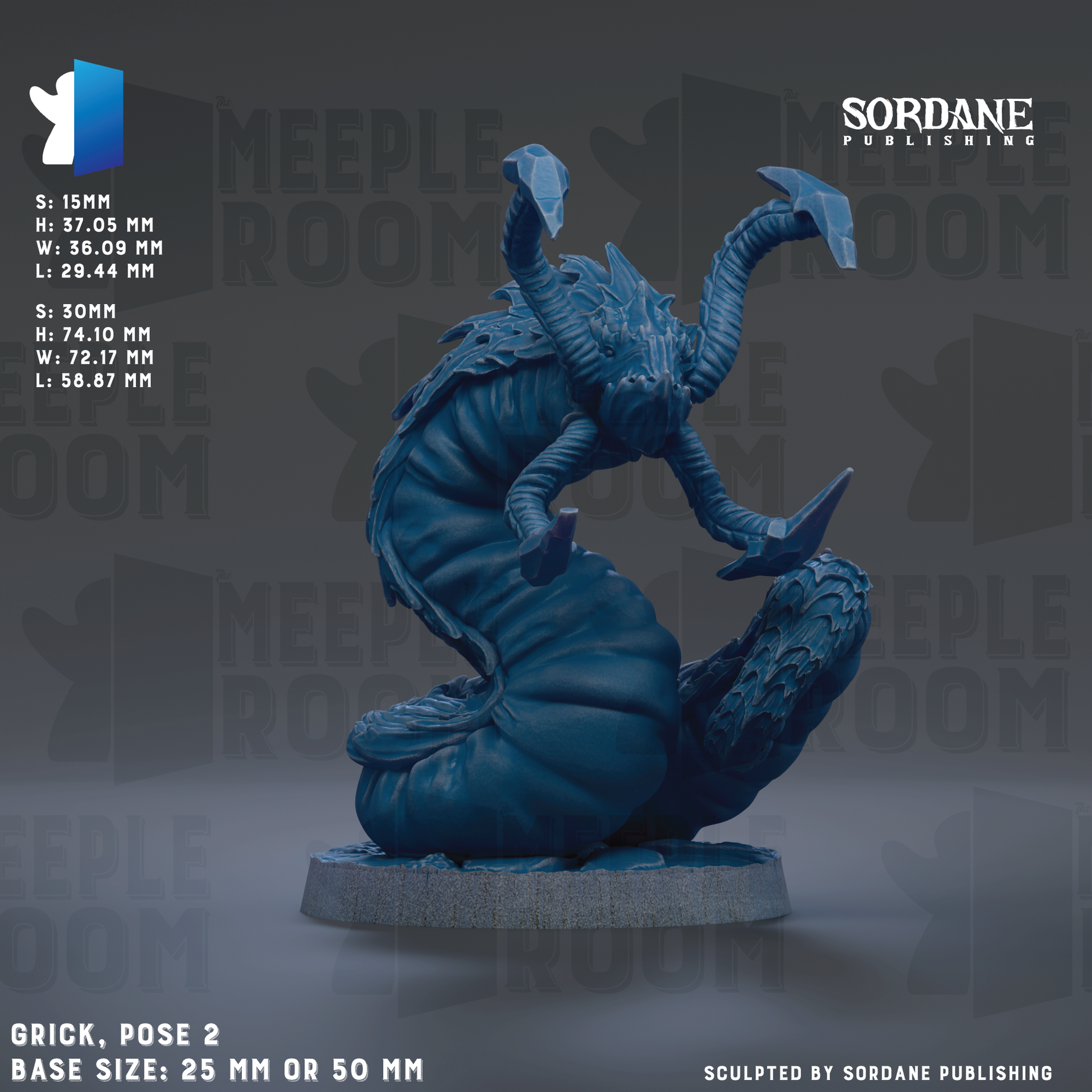 The image is a 3D rendering of a blue, twisted, and coiled creature resembling a snake or cobra. The creature is posed in a crouched position, with its head and body twisted in an unusual manner. The image is labeled with the text "GRICK, pose 2" and "BASE SIZES: 26 MM OR 50 MM", indicating the base sizes of the figurine. The image is published by Sordane Publishing.