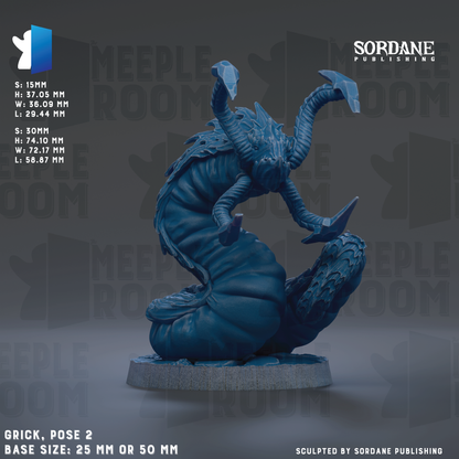 The image is a 3D rendering of a blue, twisted, and coiled creature resembling a snake or cobra. The creature is posed in a crouched position, with its head and body twisted in an unusual manner. The image is labeled with the text "GRICK, pose 2" and "BASE SIZES: 26 MM OR 50 MM", indicating the base sizes of the figurine. The image is published by Sordane Publishing.