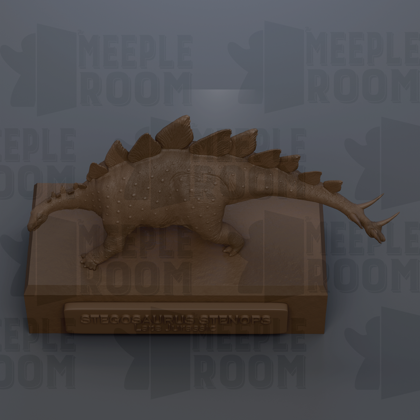 A 3D rendering of a Stegosaurus dinosaur on a wooden base, with the text "MEIPLE ROOM" repeated in the background.