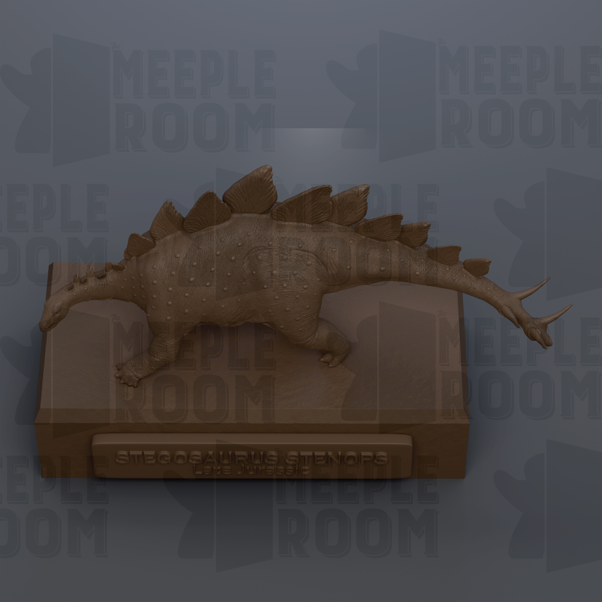 A 3D rendering of a Stegosaurus dinosaur on a wooden base, with the text "MEIPLE ROOM" repeated in the background.