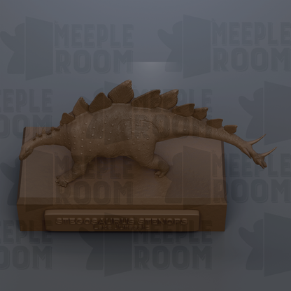 A 3D rendering of a Stegosaurus dinosaur on a wooden base, with the text "MEIPLE ROOM" repeated in the background.