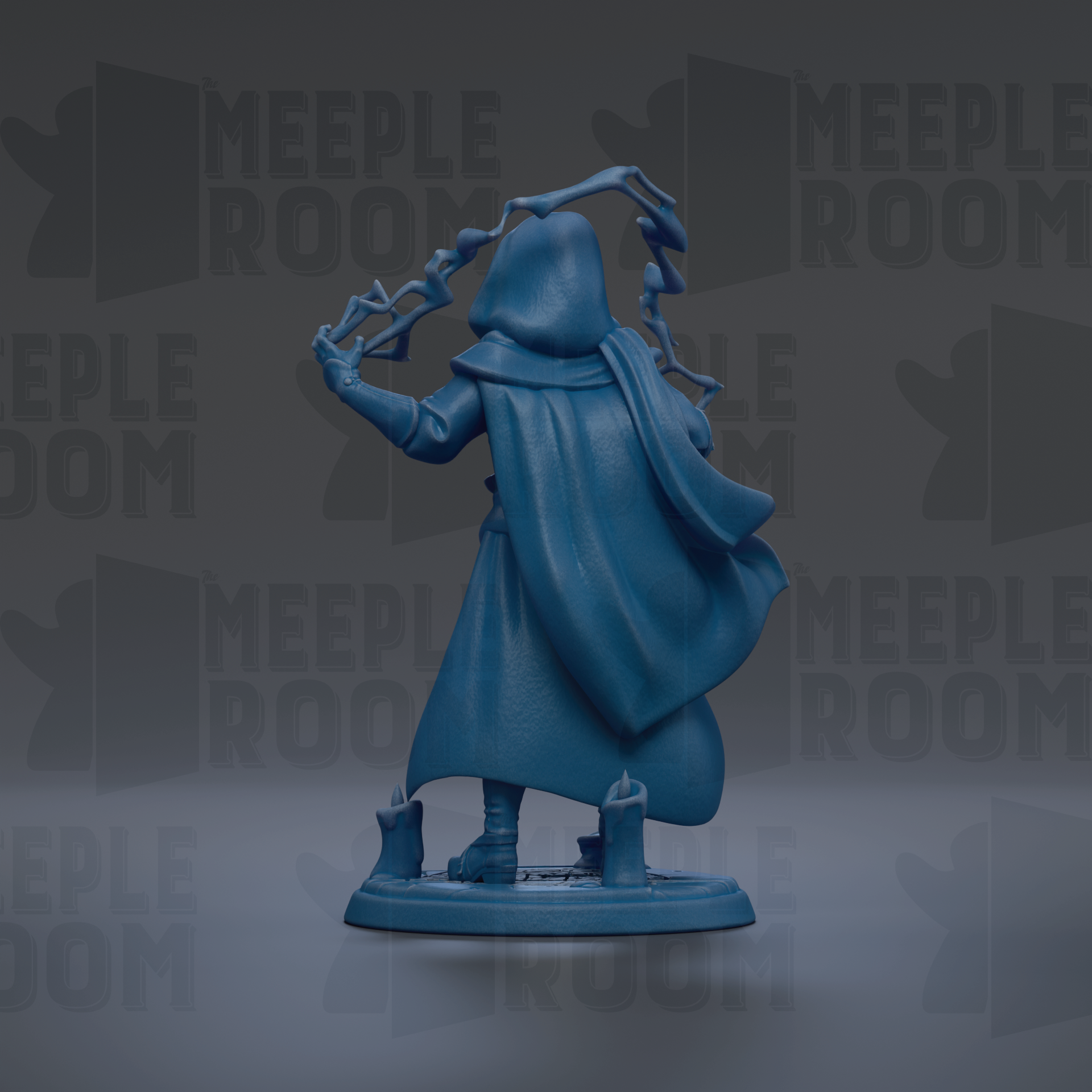 A blue figurine of a person with a cape and a hood, standing on a base and holding a staff.